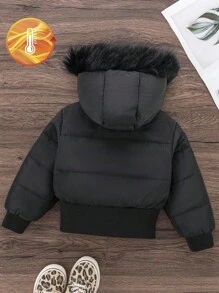 Genkimix Kids 女童黑色连帽加厚高腰罗纹修身时尚羽绒服，秋冬季休闲百搭外套，女童黑色带毛领羽绒服，幼儿女童冬季外套，儿童黑色冬季夹克，幼儿女童黑色连帽羽绒服