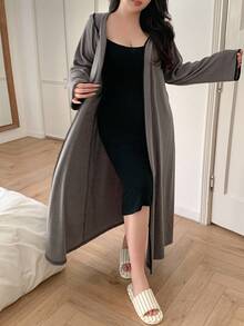 Dazy Plus Plus Size Women Loose Contrast Trim Hooded Cinched Waist Robe, Casual Sleepwear, For Fall & Winter, Cozy Outfit - Grey - View 3