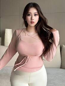 Dazy Plus Camiseta rosa de manga larga con parches de malla elástica para mujer de talla grande, top de salida de otoño para mujer - Rosa - Ver 5