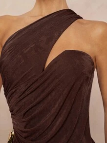 Lumalex Vestido mini ajustado con volantes asimétricos y decoración de metal para mujeres - Café integral - Ver 8