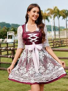 Firerie 女士优雅的慕尼黑啤酒节蕾丝边方领交叉系带可拆卸蕾丝围裙 A 字短款酒红色连衣裙、连衣裙