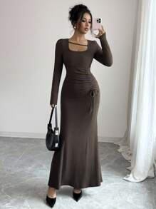 Elenzga Vestido elegante y romántico con cuello cuadrado y volantes en el bajo para vacaciones y uso diario para mujeres - Café - Ver 4