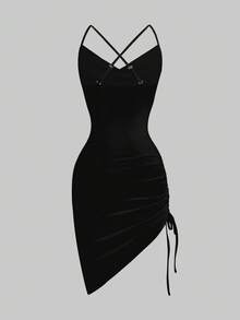 Firerie Red Hibiscus Print Pattern Mini Bodycon Cami Dress, Asymmetrical Hem With Drawstring, Suitable For Holidays, Music Festivals, Beach Vacation, Romance, Summer Miami Girl, Club Outfits Suitable For Going Out Chic Dress - Multicolor - View 2