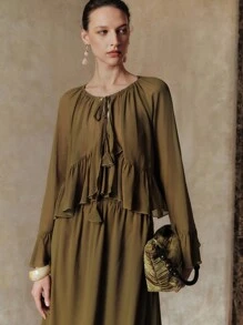 Revavyn Bộ đồ hai mảnh Cardigan và váy Maxi thanh lịch mùa hè dành cho nữ, phong cách thường ngày và đi làm - xanh quân đội - Xem 3