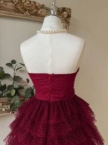 SHEIN Belle 勃艮第红 华丽可爱酒红色露肩蝴蝶结装饰多层纱网蛋糕裙适合毕业典礼节日派对舞会礼服 - 酒紅色 - 查看 7
