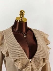 SHEIN CURVE+ Áo khoác cardigan tay loe bèo nhún cỡ lớn thời trang thu đông cho nữ phong cách mới, thời trang, gợi cảm, ngọt ngào, cỡ lớn - Màu Khaki - Xem 7