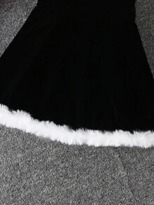 SHEIN 2件組少女聖誕紅色毛絨外套與黑色洋裝套裝，少女毛絨毛衣套裝，節日冬季秋季兩件式套裝 - 彩色 - 查看 3