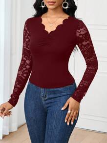 SHEIN Lady 2025新款优雅通勤纯色蕾丝拼接修身长袖T恤纯色上衣外出上衣女式长袖T恤长袖上衣，女士秋季服装 - 酒紅色 - 查看 4