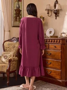 Côtesoire Váy ngủ nữ viền bèo nhún phong cách cung điện Pháp, Thu Đông - Màu tím - Xem 2