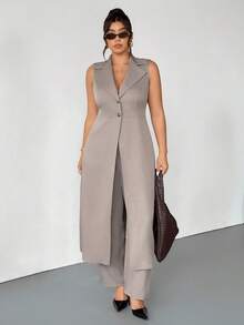 Firerie Plus Size Women Long Sleeveless Blazer Suit In Spring - Khaki - View 5