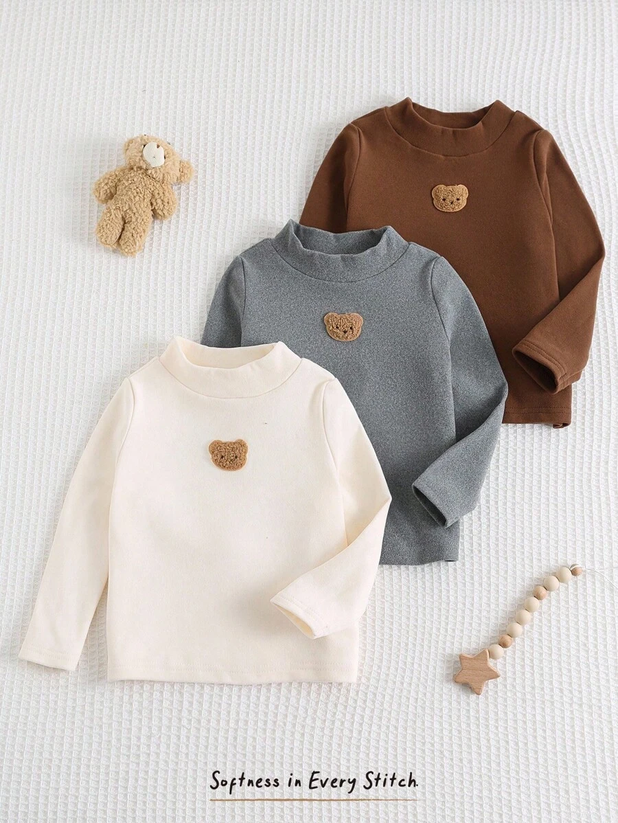 Cozy Pixies 3件套男婴卡通熊图案针织柔软圆领长袖上衣套装