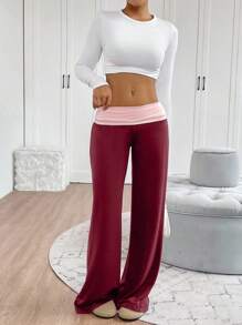 SHEIN Cottnline بنطلون رياضي واسع الساق بخصر ملون للنساء - عنابي اللون - مشاهدة 5