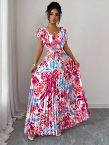 Elenzga 荷叶边袖 V 领度假 A 字腰褶皱优雅浪漫女式连衣裙 - 彩色 - 查看 3