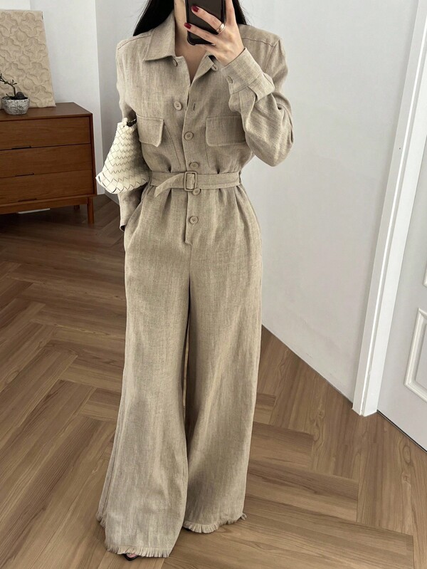 DAZY Damen Lässig Vintage Langarm Jumpsuit