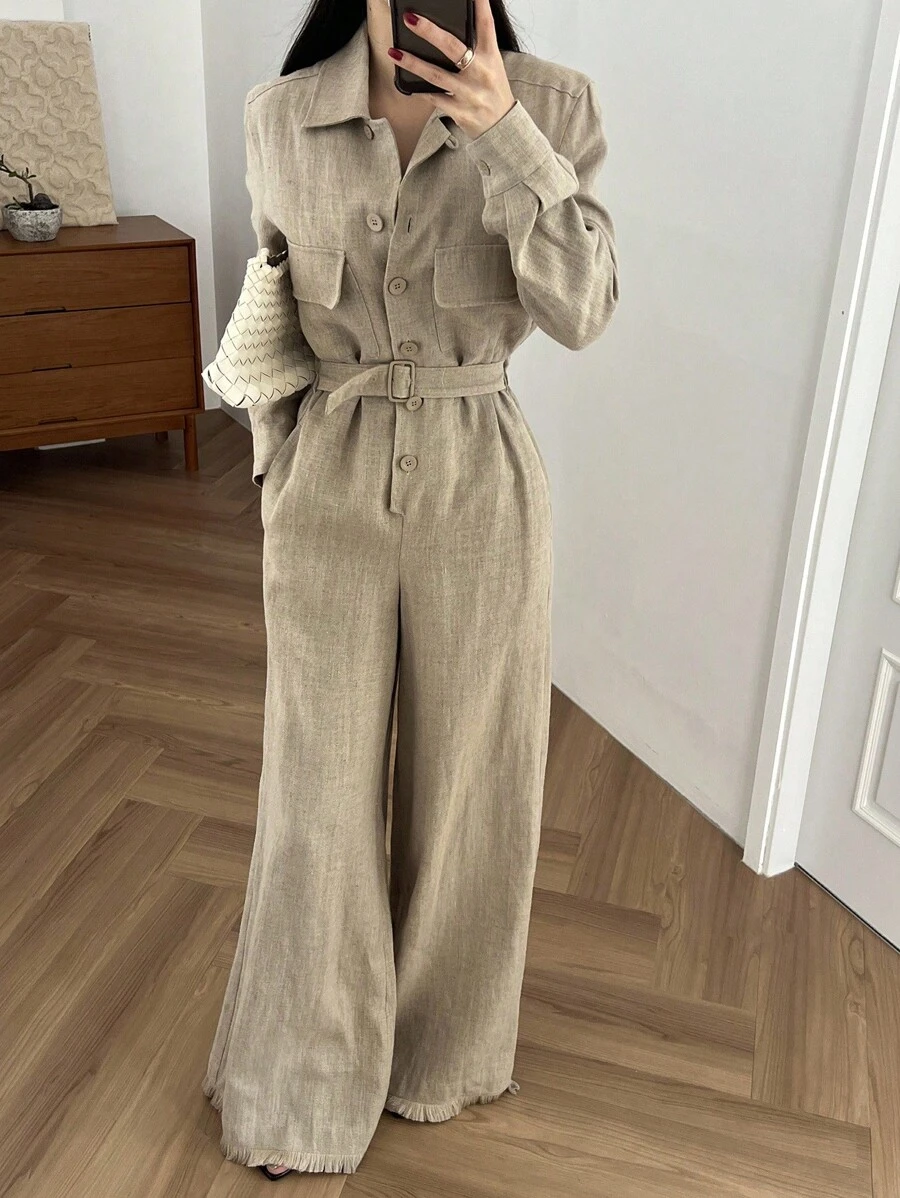 DAZY Bộ áo liền quần dài tay kiểu vintage thường ngày dành cho nữ - Màu Khaki - Xem 1