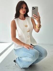 Firerie Women's Elegant Refined Daily Commute Fashion Metal Button Decor Sleeveless Fitted White Shirt Blouse - White - View 6