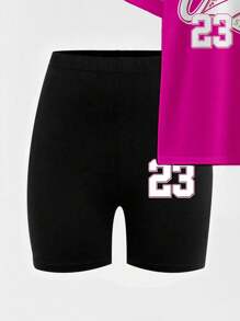 SHEIN 女士休闲时尚创意图标形状字母数字 23 印花宽松 T 恤和骑行短裤套装 - 彩色 - 查看 5