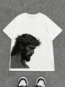Manfinity Dauomo Camiseta suelta de cuello redondo con hombros caídos para hombres Manfinity Dauomo, casual con estampado de letra personalizada y patrón artístico de manga corta