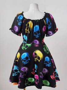 Sunspun Plus Size Women Rave Halloween Skull Graphic Short Sleeve Mini Dress - Multicolor - View 2
