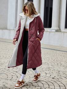 SHEIN Cottnline Women's Solid Color Long Padded Coat With Fleece Lining And Turn Down Collar - Violet Purple - View 6