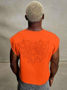 PAVTROS 男士街头风格流行 INS 搭配蜘蛛网和心形刺绣背心，宽松版型，男友/丈夫礼物，周年纪念礼物，适合万圣节 - 橘色 - 查看 4