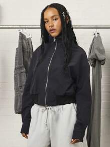 COUREZ HIgh Neck Nylon Cropped Jacket /Y2K  Women Clothes  Clothes Cute Tops - Black - View 2