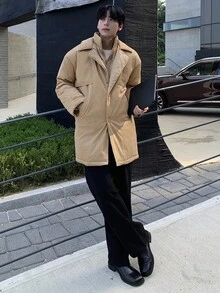 DAZY Khaki Windbreaker Jacket, Double-Breasted Design, Long Style Men's Padded Coat, Winter - Khaki - View 9