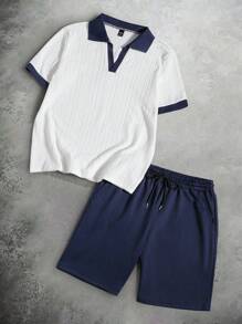 Manfinity Hypemode Men's Contrast Color V-Neck Short Sleeve T-Shirt + Drawstring Elastic Waist Shorts 2pcs/Set