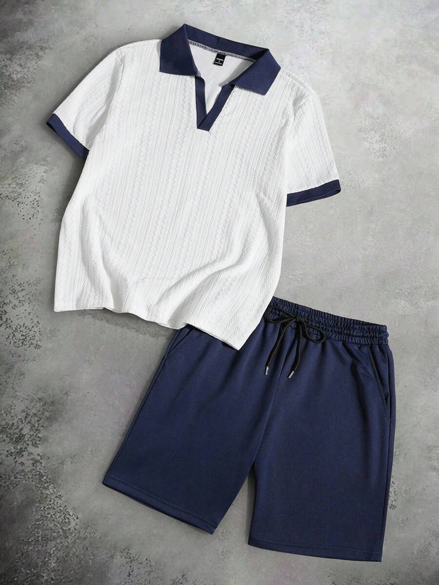 Manfinity Hypemode Men's Contrast Color V-Neck Short Sleeve T-Shirt + Drawstring Elastic Waist Shorts 2pcs/Set