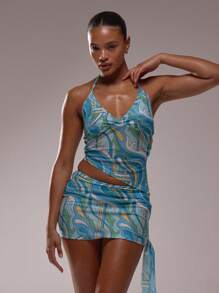 MUSERA Áo cổ yếm có đệm ngực, vạt áo bất đối xứng, chất liệu lưới in họa tiết, ôm sát, thích hợp cho kỳ nghỉ ở Ibiza, phong cách thanh lịch Ibiza, dễ thương, thích hợp cho lễ hội bãi biển, tiệc tùng, phong cách Boho, đồ đi biển, trang phục nghỉ mát, thanh lịch, mùa xuân hè. - Màu xanh lam - Xem 5