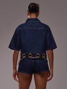 MUSERA 宽松版型镂空下摆短袖牛仔外套，秋季返校季可爱优雅酷女孩性感日常冬季派对休闲装扮时尚春夏 - 中等水洗藍 - 查看 2