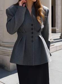 INAWLY Women's Solid Color Waist Cinched Commuter Jacket Fall Winter Cloth For Women - Grey - View 1