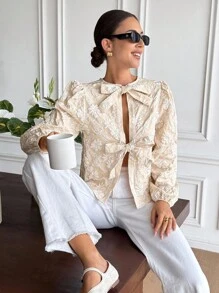 Serisse 女士纯色印花蝴蝶结优雅长袖衬衫，秋季女士，返校，乡村音乐会，商务休闲女士，女士教师，约会之夜女士，生日，女士早午餐，西方女装，商务休闲女士 - 杏色 - 查看 6