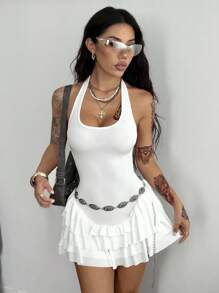 Coolane 女士春季 Y2K 外出日常穿着基本款音乐节针织挂脖荷叶边连衣裙