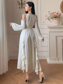 DAZY Vestido de mujer de unicolor con cuello redondo, volantes y hombros abiertos de largo medio, para primavera/verano y otoño, vestido de manga larga y vestido de verano - Beis - Ver 2