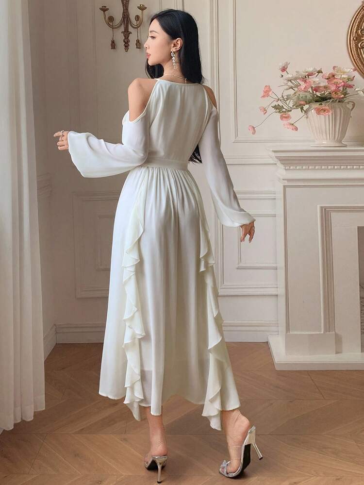 Women's Solid Color Round Neck Ruffle Open Shoulder Mid-Length Dress, Spring/Summer,Fall Women Clothes Long Sleeve Dress Sundress