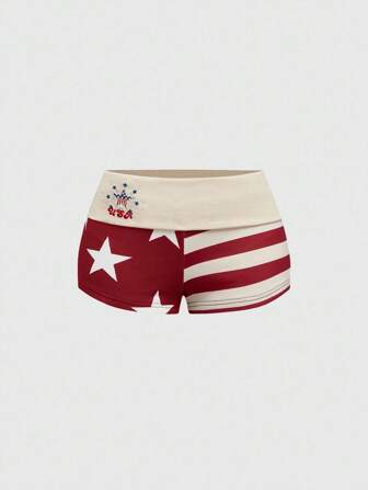 J-Fashion Pantalones cortos súper bajos con estampado de bandera americana que dejan ver el ombligo, estilo retro Y2K para mujeres