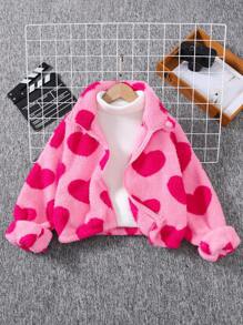SHEIN Tween Girls' Loose Casual Fuzzy Heart Zipper Warm Jacket,In Fall/Winter