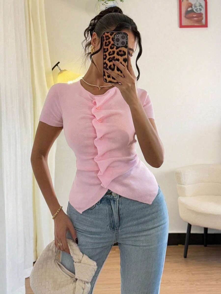 Rafferiza 全新复古合身褶皱不对称纽扣设计女式针织上衣，适合春秋季节 - 粉色 - 查看 1