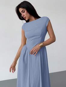 Firerie 女士优雅日常时尚新款度假短袖收腰A字中长连衣裙，黄色 - 藍色 - 查看 5