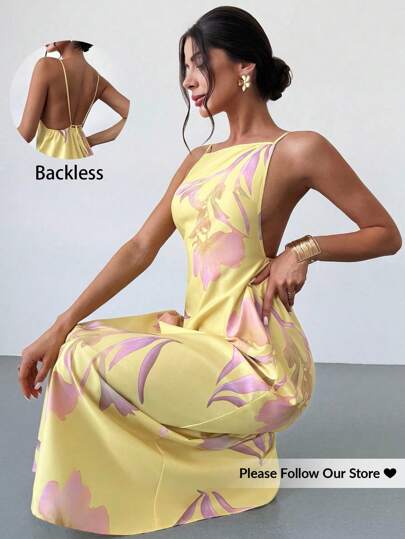 Firerie فستان صيفي نسائي فضفاض بنمط أزهار طباعة أحادي اللون بنطاق رفيع ظهر عاري للوجهة السياحية الهاواي، باللون الأصفر الزبداني اللون لفصل الصيف