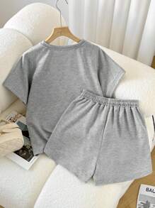 Women's Regular Shoulder Floral Print Loose T-Shirt And Shorts Set - Light Grey - View 2