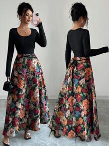 Elenzga Váy chắp vá hoa jacquard thanh lịch dành cho nữ - màu đen - Xem 3