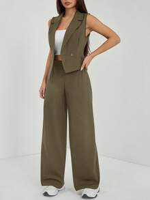 SHEIN PETITE Setelan Musim Gugur Dua Potong 2pcs/Set Wanita Atasan Tanpa Lengan dan Celana Warna Polos, Pakaian Musim Gugur untuk Wanita Bertubuh Mungil - Hijau Tentara - View 6
