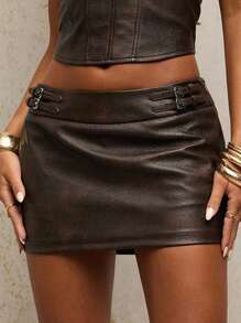 SHEIN BAE Váy ngắn thời trang có khóa điều chỉnh cho nữ - Cà phê nâu - Xem 2