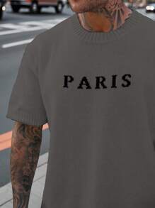 Manfinity Homme Men's Casual Letter Pattern Knit Sweater, Summer Men Slogan Graphic Tee Paris Men Men Street Wear - Dark Grey - View 3
