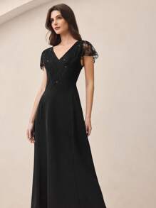 BizChic Elegant Black Summer One-Piece Dress For Women,Woven Lace V-Neck Dining,Business,Casual,Daily,Holiday,Wedding Guest,Music Festival,90s Vintage Style - Black - View 6