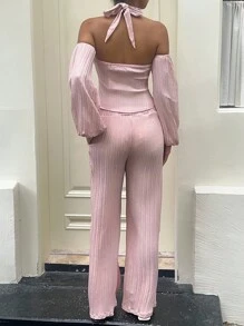 Sunnyshic 女士休闲度假针织露肩长袖上衣和阔腿裤两件套，秋冬 - 彩色 - 查看 2
