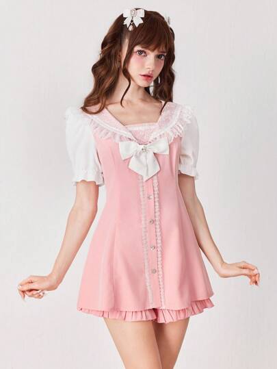 EDITION Women's Hime Gyaru Cute Schoolgirl Princess Outfit, Lace Patchwork Peter Pan Collar Bow Shorts 2 Pieces Set