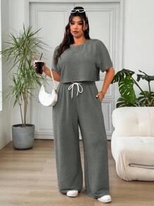Solflare 2 pièces/set Femmes grande taille Top décontracté à manches courtes et épaules tombantes & Pantalon, Gris foncé - Gris foncé - Voir 4